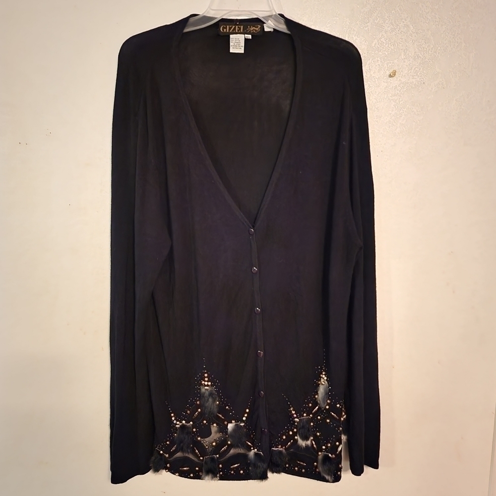 Gizel Long Line Black Cardigan Buttons Feathers Beaded Size M/L